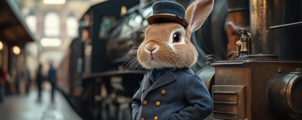A charming rabbit in a conductor's uniform stands proudly at a vintage train station, blending whimsy and nostalgia