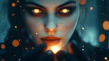 Halloween glamour with a mystical touch a sorceress with glowing eyes, casting a spell in a dark, enchanted forest