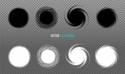 Hole black round vortex effect - graphic icons on a transparent background. Dynamic radial element set - vector illustration