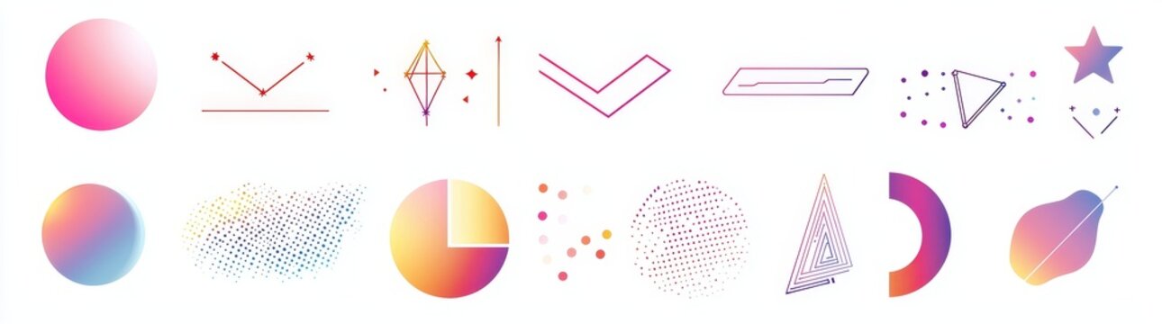 Modern geometric forms, shapes and frames inspired by brutalism, abstract bauhaus, and boho cosmic styles. Universal star and flower shapes, basic shape.