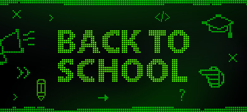 Neon pixel back-to-school design - tech-inspired frame. Banner concept for educational, digital learning promotions, and technology-themed school materials. Vector illustration