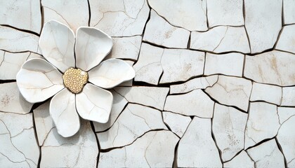 A floral mosaic made of cracked marble tiles, with grunge textures seeping through the cracks, blending soft petals with rough, worn surfaces