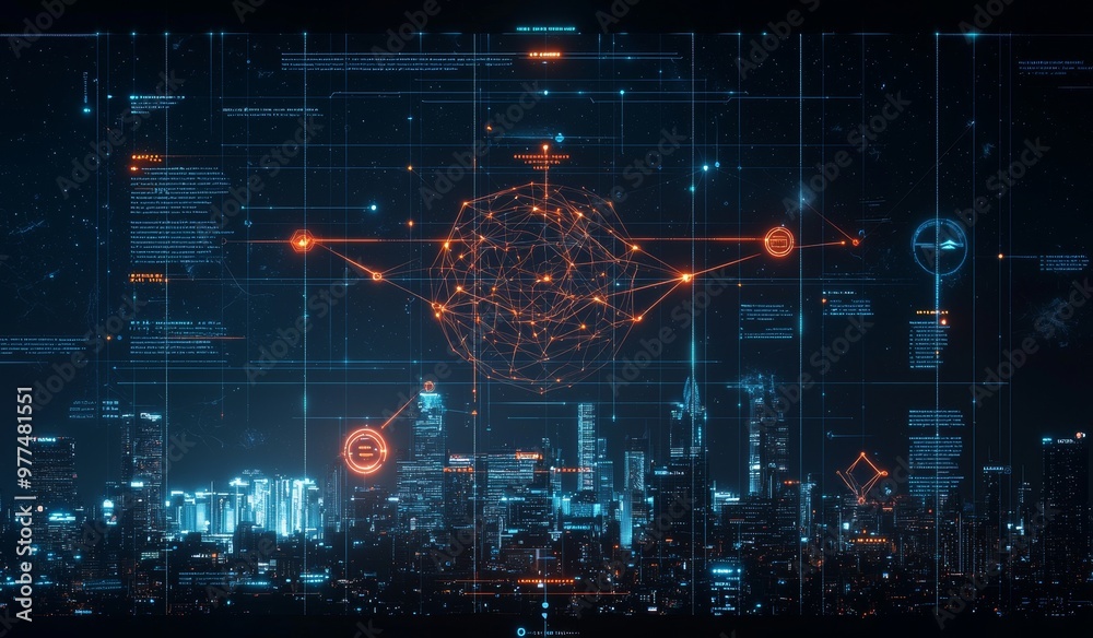 Poster At night, a modern city with wireless network connection and cityscape concept. Wireless network and connection technology concept with city background.