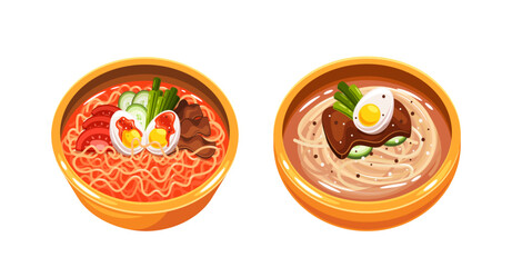 Delicious Traditional Korean Noodle Dishes in Bright Bowls Featuring Rich Toppings Like Egg, Vegetables and Meat