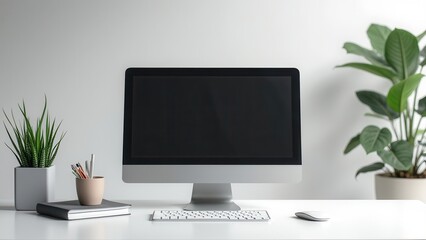 Fototapeta premium This image showcases a modern desk setup featuring a desktop computer, surrounded by plants and a clean, minimalistic layout, ideal for a productive workspace.