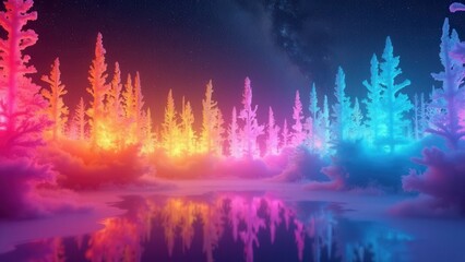 Obraz premium This mesmerizing image captures a brightly-lit, multicolored forest at night, with hues reflecting beautifully in a still water body under a starry sky, evoking a sense of magic and tranquility.