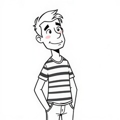 Obraz premium A young boy with a cheerful expression stands confidently, hands in pockets. He wears a striped shirt and light-colored pants, exuding a joyful and relaxed vibe. The plain background emphasizes his an