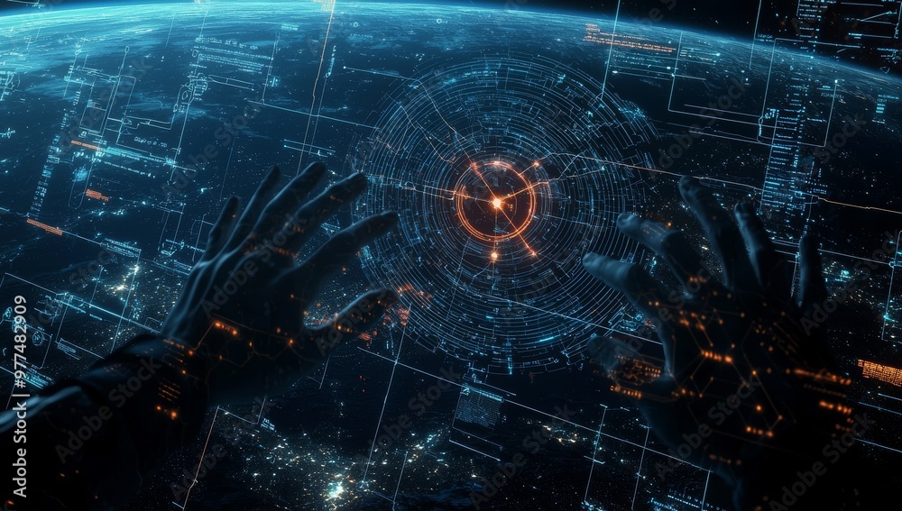 Aufkleber innovative technology in science and communication concept of palms holding global network connectio
