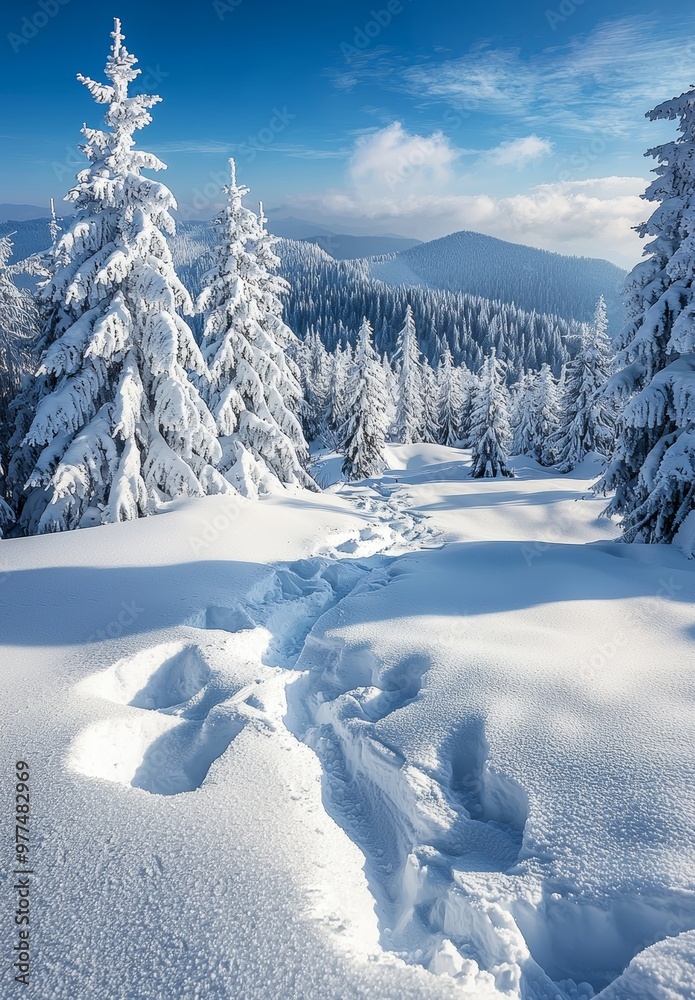 Poster An early morning winter scene of freezing fir trees amidst a calm mountain landscape