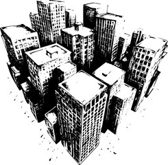 Buildings dessin &agrave; l'encre noire, effet de perspective, fond transparent