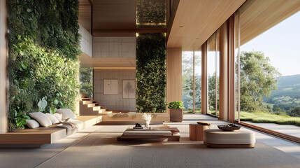 A contemporary biophilic living room featuring a vertical garden along one wall, natural wood furniture, and earth-toned decor. 