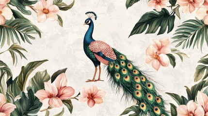A luxurious tropical pattern featuring peacocks, lush foliage, and orchids, blended with a vintage wallpaper texture and soft, faded colors