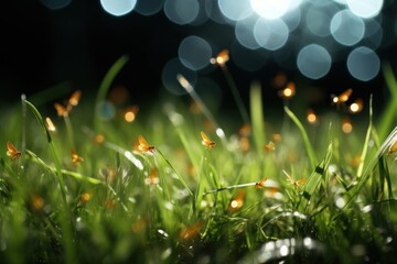 Fireflies flicker among the vibrant grass, creating a magical atmosphere in the twilight