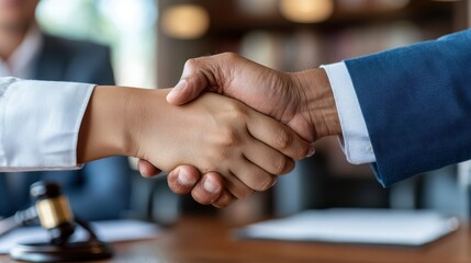 A close-up of a handshake between two individuals in a professional setting, symbolizing agreement, trust, and partnership, with a blurred background suggesting an office environment.