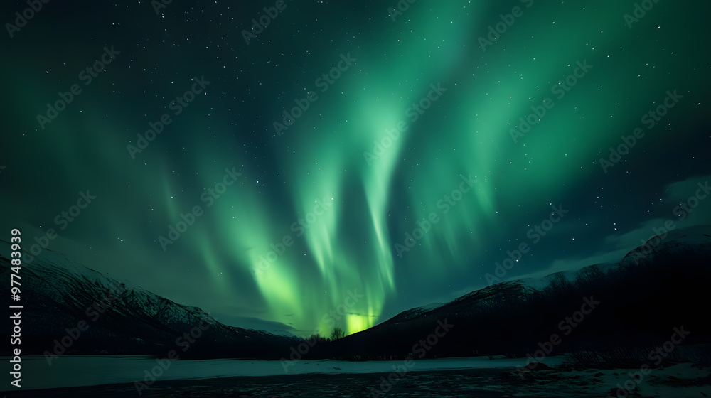 Wall mural the northern lights at the night sky with vibrant hues of green, purple glowing