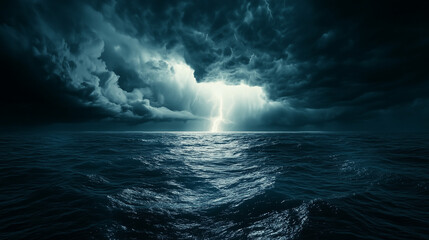 Fototapeta premium Tempest. Thunder storm cyclone with lightning on ocean