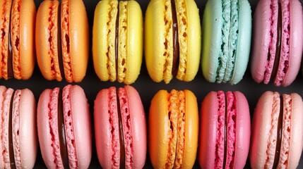 Colorful macarons in a variety of flavors arranged in a neat row, perfect for dessert lovers and bakery enthusiasts.
