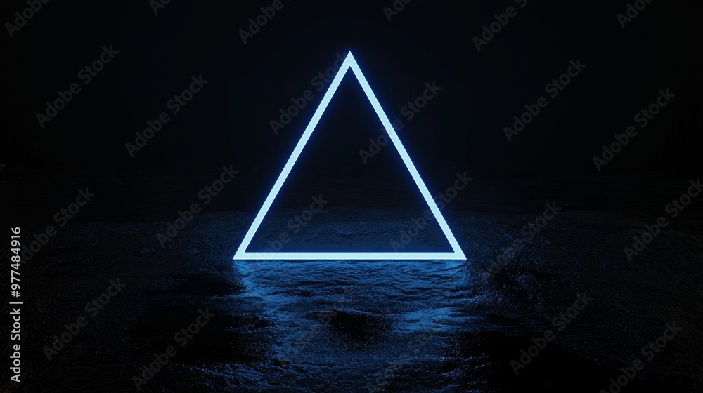 Poster Virtual tunnel with abstract data flow on a blue digital portal with triangular shape and bright lines. Technology background for futuristic concept.