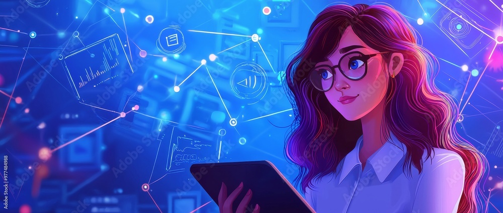 Poster an illustration showing a tablet computer being used by a businesswoman to manage documents