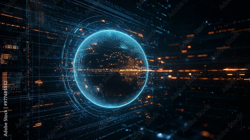 Poster The digital data globe illustrates the connectivity, complexity, and data flood of modern society based on scientific technology data networks surrounding the planet earth.