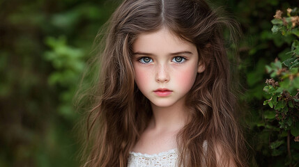 Naklejka premium A young girl with long brown hair looks directly at the camera, focusing her attention