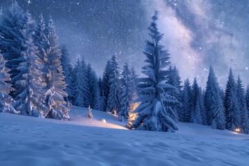 A serene winter landscape of a snow-covered pine forest under a starry night sky 
