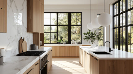 A contemporary Scandinavian kitchen with white marble countertops, light oak cabinets, and matte black hardware. Large windows bring in natural light, creating a bright and welcoming space