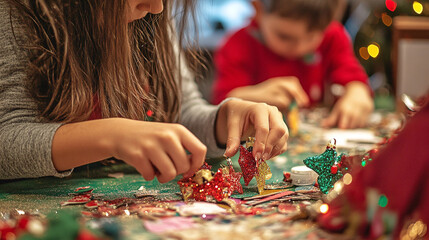 Children's Christmas Craft Workshop Filled with Glitter and Holiday Decorations Creation