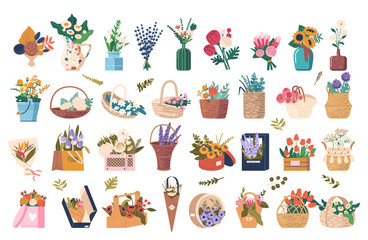 Gift Packaging With Beautiful Baskets, Floral Arrangements And Decorative Elements. Vector Set Perfect For Celebrations