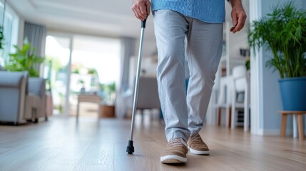 An individual is seen walking with a cane in a bright, airy room, conveying themes of support, mobility, and the journey of overcoming physical challenges within a comfortable home setting.