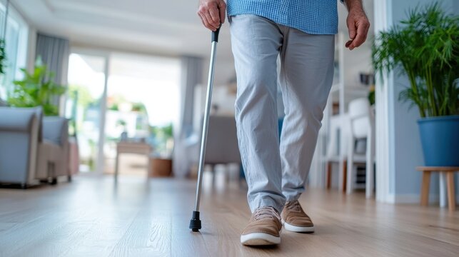 An individual is seen walking with a cane in a bright, airy room, conveying themes of support, mobility, and the journey of overcoming physical challenges within a comfortable home setting.