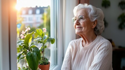 An elderly woman with white hair and glasses sits by a window, gazing outside thoughtfully. A potted plant adds a touch of nature to the peaceful setting. - Powered by Adobe