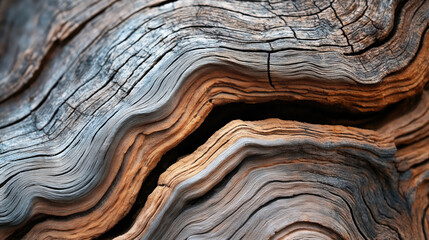 Close-up of weathered, textured wood with intricate grain patterns and natural curving lines, displaying shades of brown and grey.