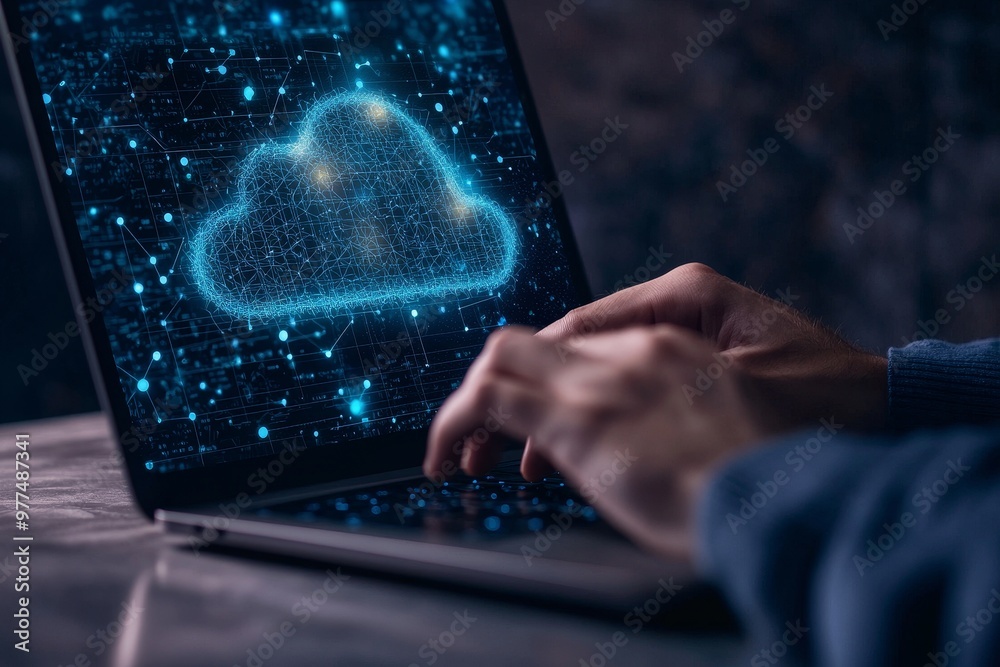 Poster Business network concept utilising cloud computing technology and online data storage. Using the internet server service to transfer data on cloud is presented in a futuristic 3D graphic interface.