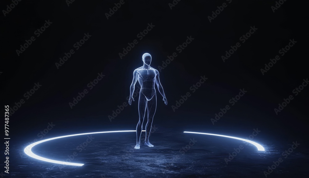 Poster the interface of this futuristic hologram is in blue tone, showing a body scan for health analysis