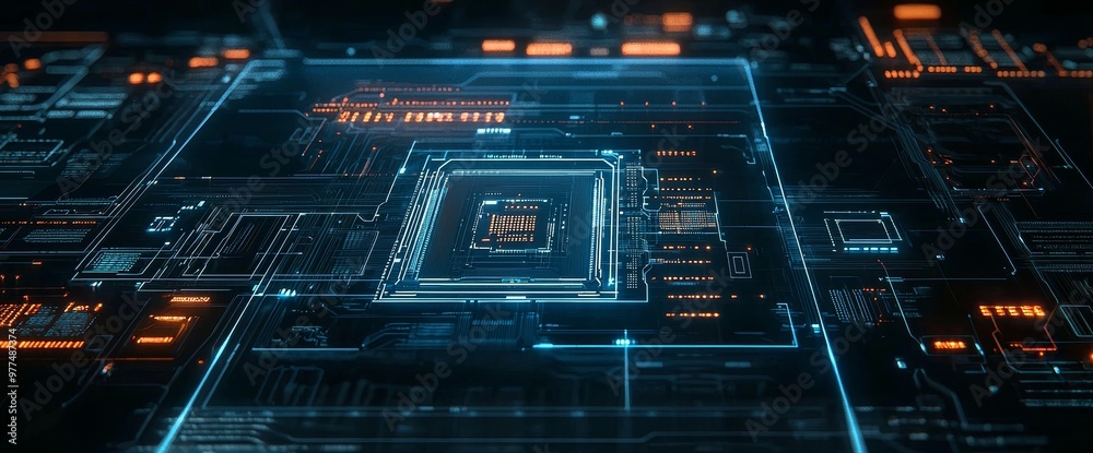 Poster an orange, green, and blue technology background with bokeh renders of a printed circuit board futur