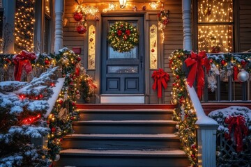 Fototapeta premium House entrance decorated for traditional winter holidays, front steps of the house with Christmas tree, ornaments and wreath on front door 