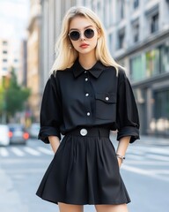Obraz premium A stylish woman in a black outfit, standing confidently in an urban street, showcasing modern fashion and chic sunglasses.