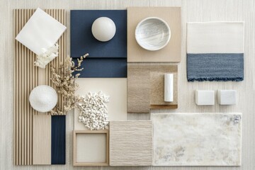 mood board for an office with the material including light timber panel. Beige and blue tones
