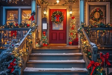 Fototapeta premium House entrance decorated for traditional winter holidays, front steps of the house with Christmas tree, ornaments and wreath on front door 