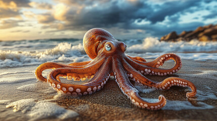 Fototapeta premium Octopus on the Beach: A Close-Up View of a Marine Wonder