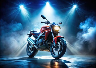 Racing motorcycle on a studio background, wheels raised, suspension compressed, spotlight shining, creating a dramatic and intense atmosphere, highlighting the bike's dynamic design 