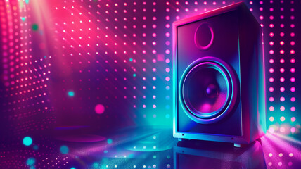 Music party poster template in neon colors Robotic sound system on background of digital lights