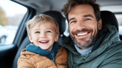 Inside a car during a winter day, a father and son enjoy a joyful moment wrapped in warm clothing, accentuating family warmth and the beauty of winter journeys.