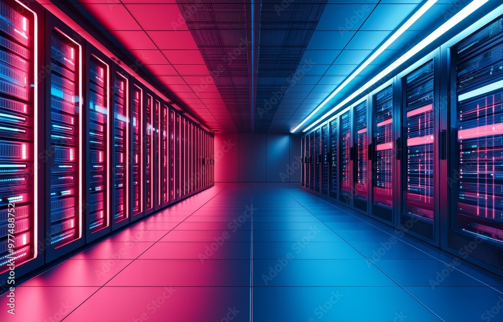 Aufkleber An information technology center with rows of supercomputers. 3D concept illustration of information technology, cyber networking, cloud storage, data backup, and render farms.