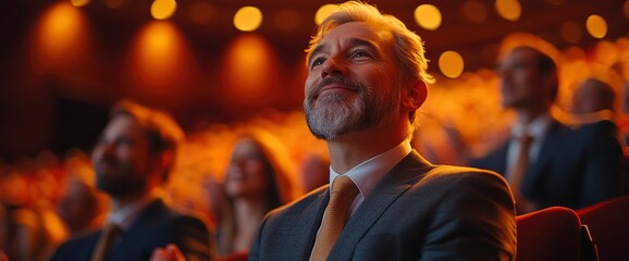 Obraz premium Man in a Suit Looking Up at a Stage with a Crowd in the Background