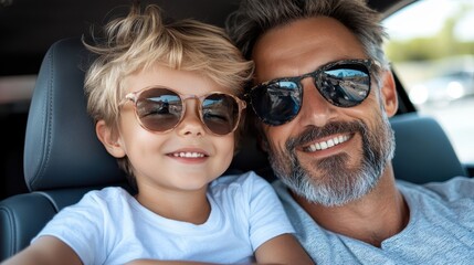 A joyful father and son duo sit together in a car, both sporting sunglasses and smiles, capturing a fun, carefree moment of bonding under the sun.