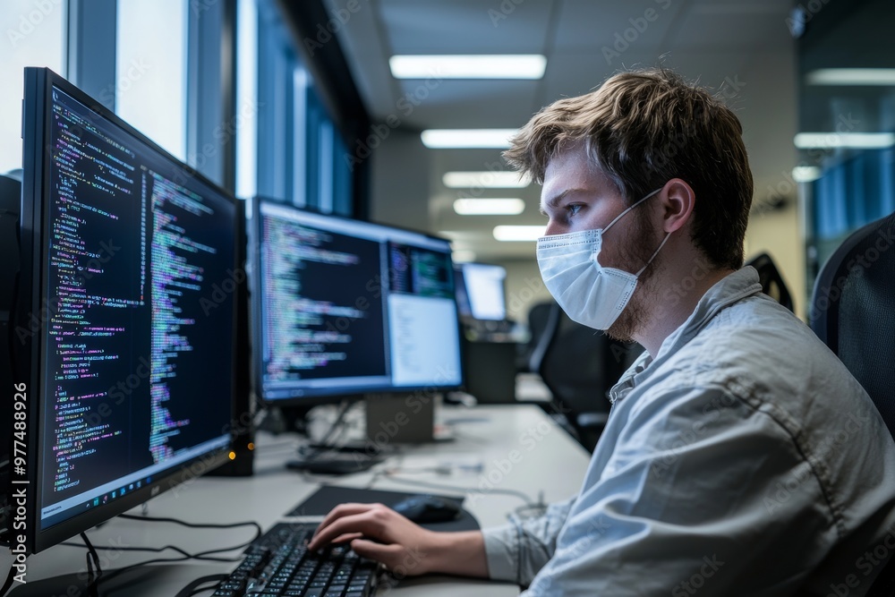 Aufkleber This cropped image shows an unrecognizeable male developer working in a modern office building while wearing a medical mask as he develops software and types on a keyboard