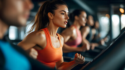 Fototapeta premium A woman in athletic wear focuses on her workout at the gym, lifting weights with determination. The bright, modern space and equipment highlight her dedication and strength