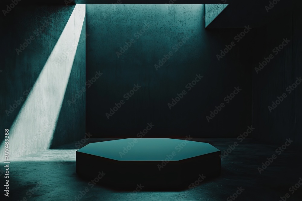 Leinwandbilder various abstract black backgrounds with multiple futuristic products on pedestals, blank product sta